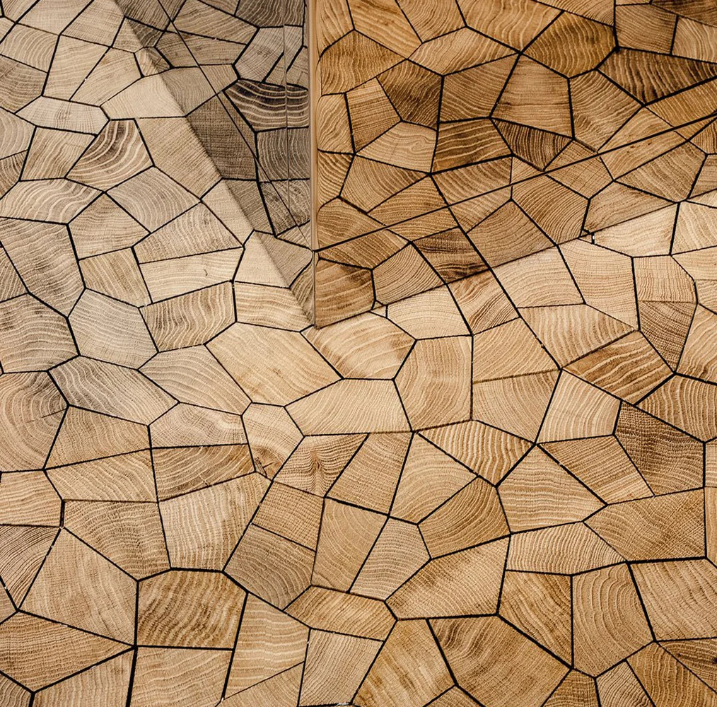 OscarOno Opus collection showcasing the continuous organic mosaic of end-grain oak blocks