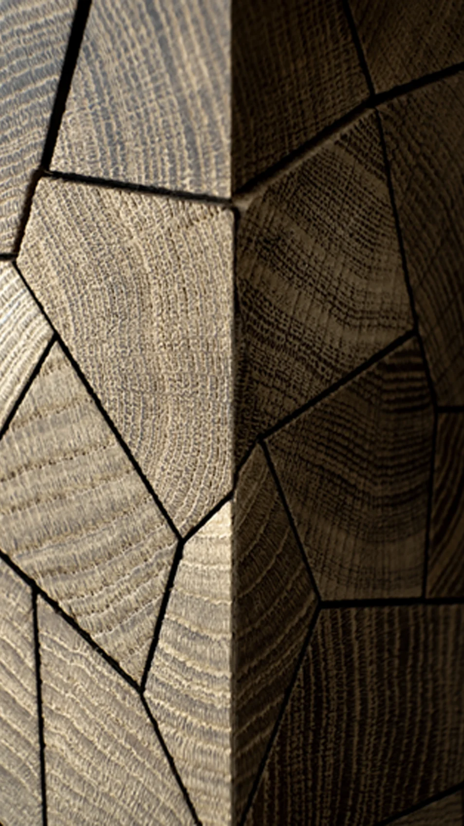 Two Opus endgrain oak faces meeting at a corner, the grain reading across the joint