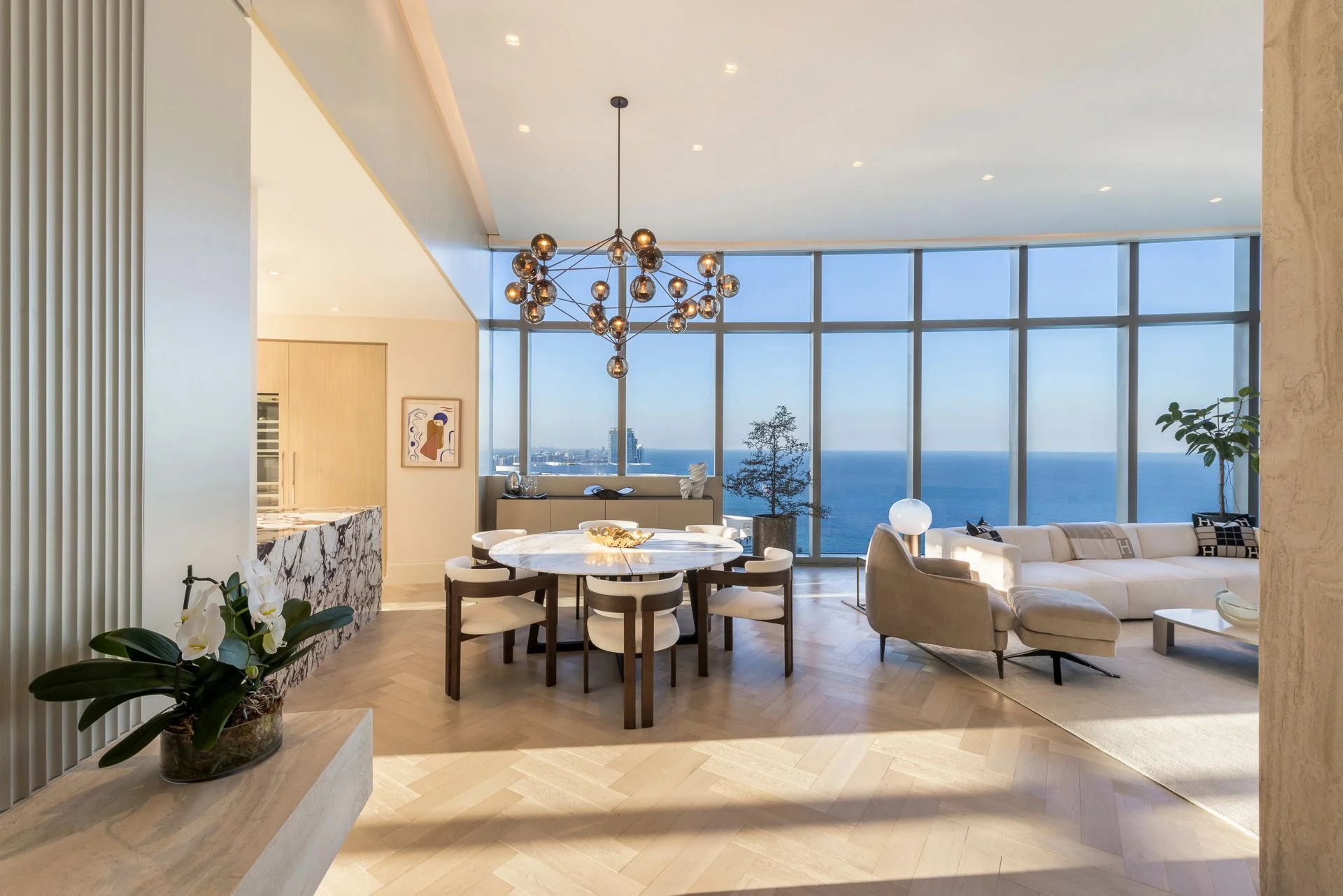 Ritz-Carlton Residences, Private Residences, Sunny Isles Beach, Miami, living dining herringbone oak floor