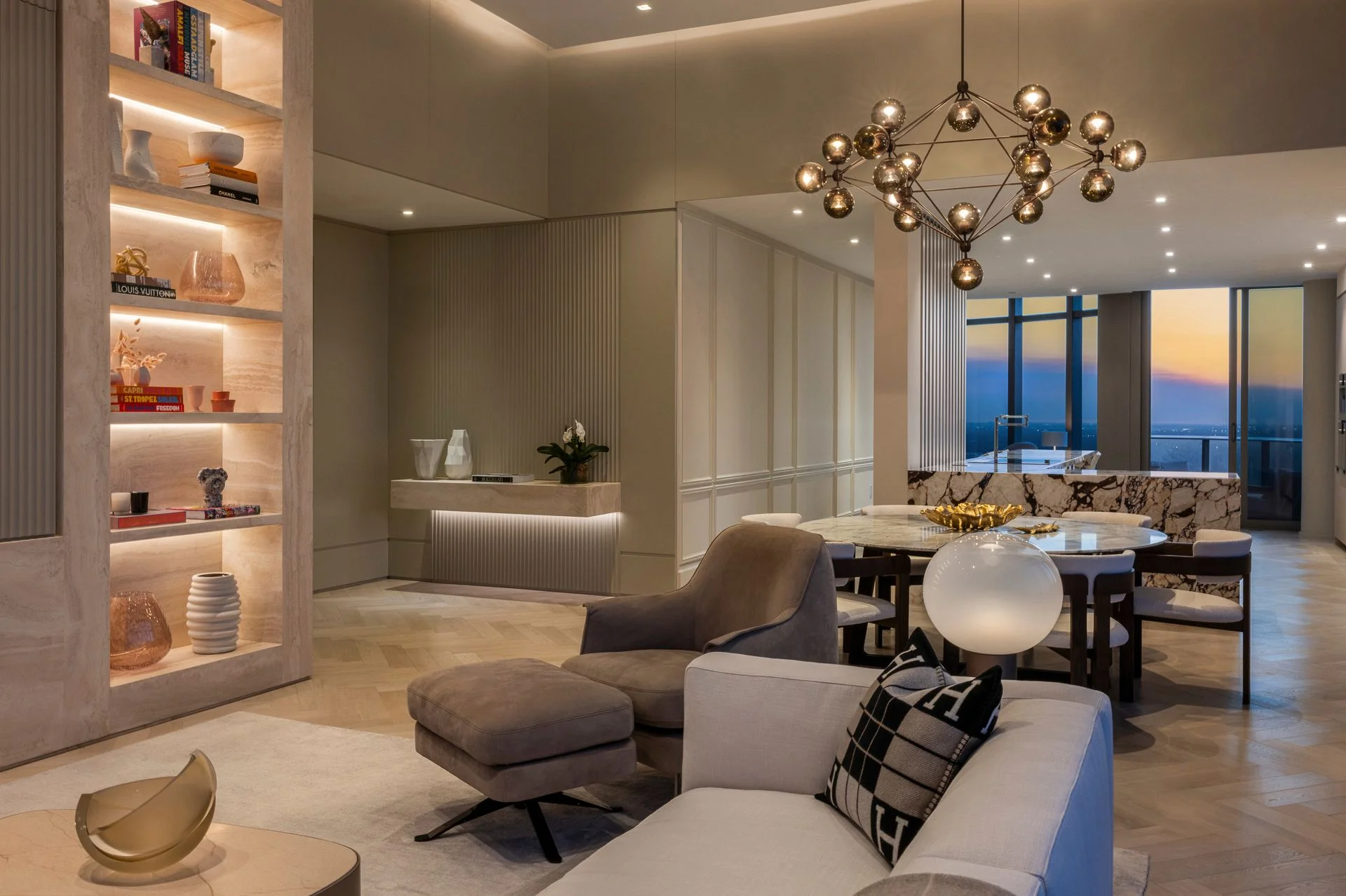 Ritz-Carlton Residences, Private Residences, Sunny Isles Beach, Miami, living room dusk travertine bookshelf