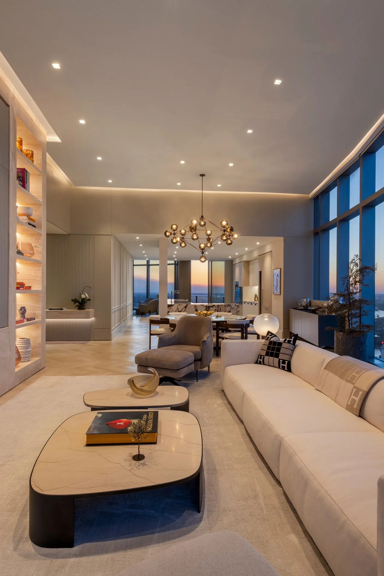 Ritz-Carlton Residences, Private Residences, Sunny Isles Beach, Miami, living room dusk herringbone oak floor