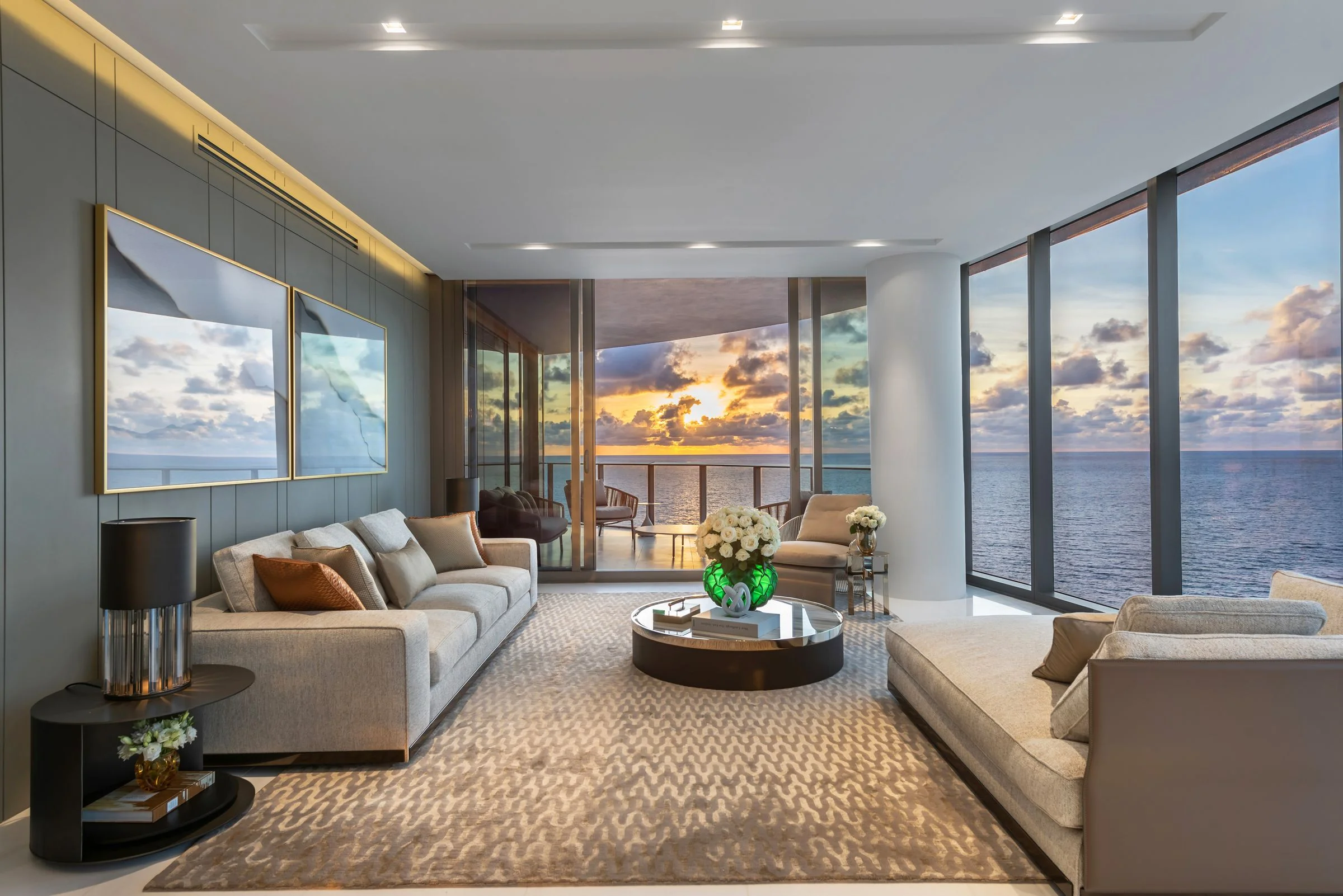 Ritz-Carlton Residences, Private Residences, Sunny Isles Beach, Miami, living room ocean sunset