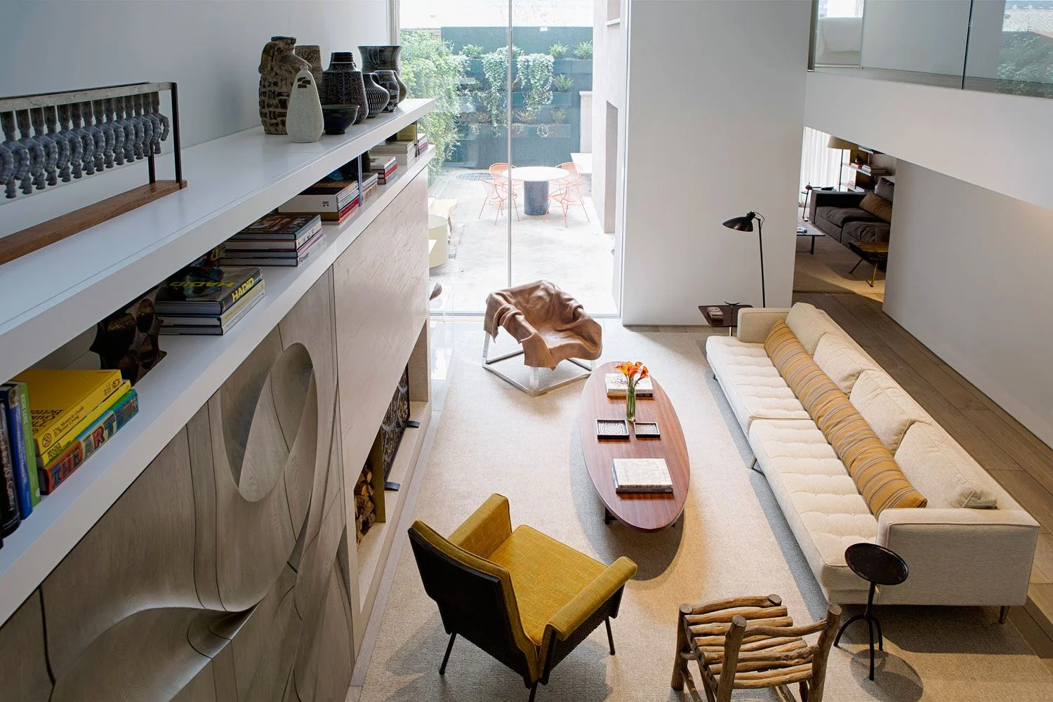OM Townhouse, New York, double height living room oak floor