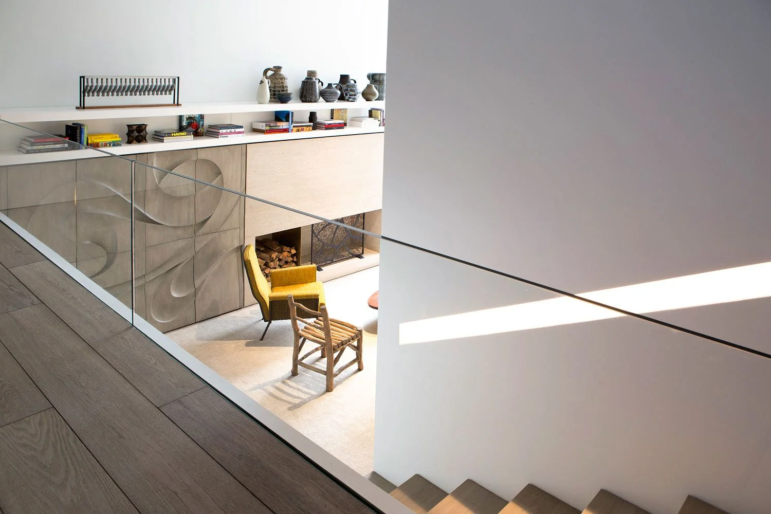 OM Townhouse, New York, staircase sculpted wood cabinet