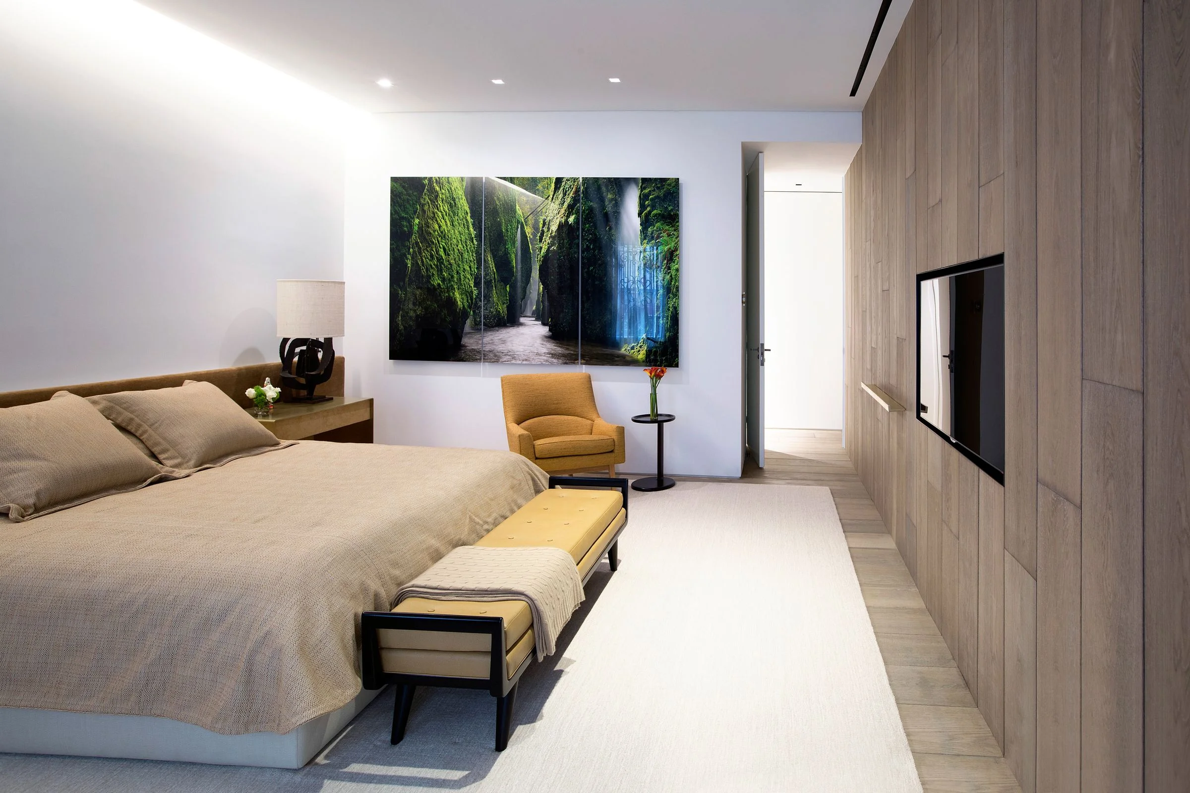 OM Townhouse, New York, master bedroom wood panelling