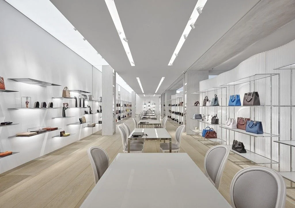 Dior, Paris, white hall wood floor