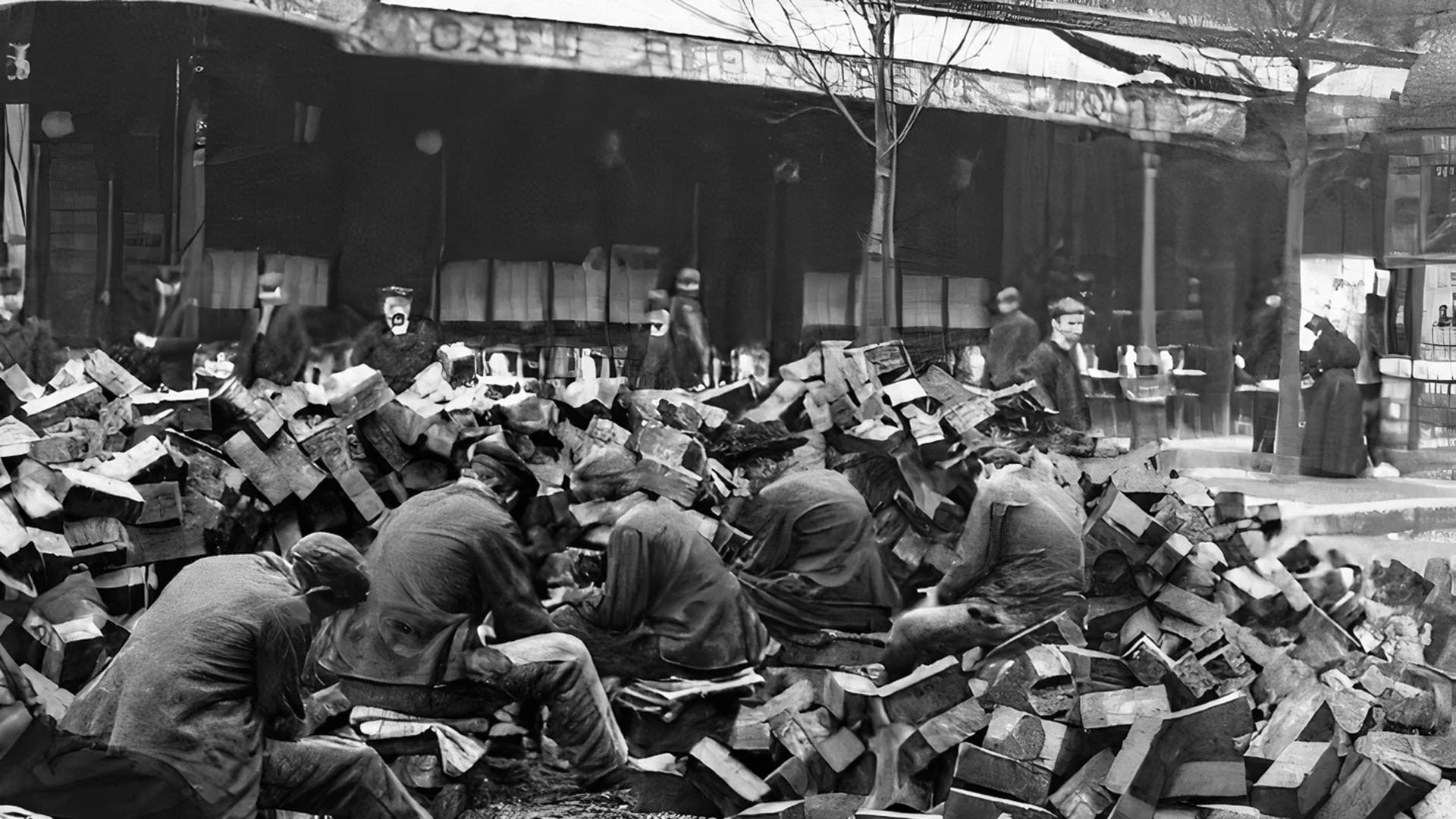 Paris workmen sorting oak paving blocks, archive photograph